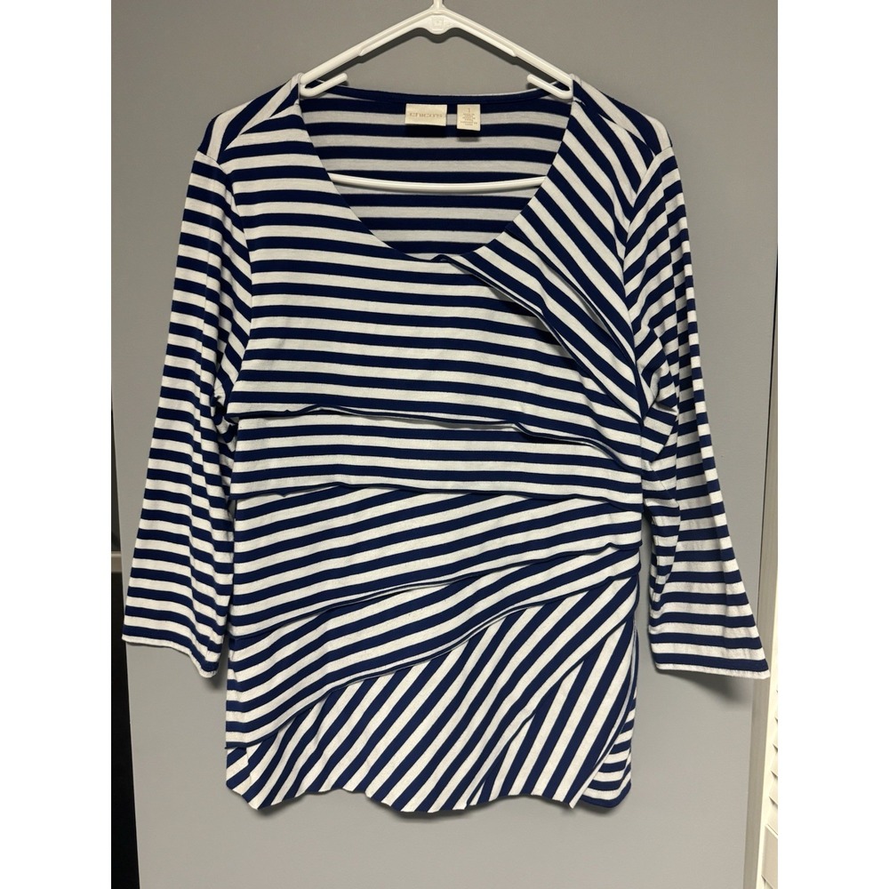 Chico's Women's‎ neck, Blue/White Stripe Diagonal Layered Top Size 1- See Desc